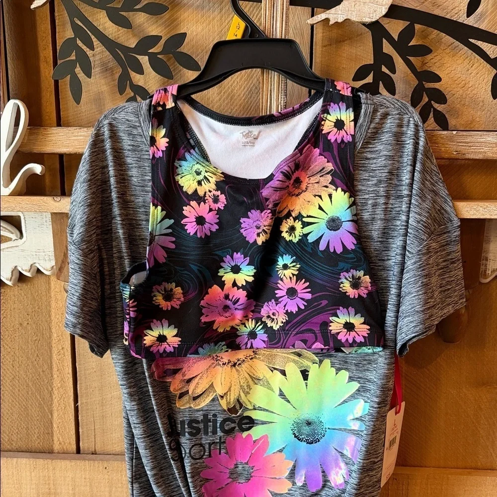 Justice Gray Tee and sports bra set with Colorful Floral Design